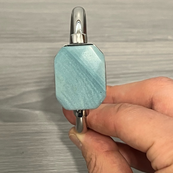 Silver Hinged Bangle Bracelet with Turquoise Stone, Boho - Picture 2 of 6